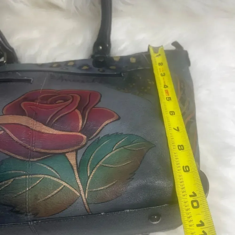 Hand-Painted Floral Leather Tote Bag - Gray